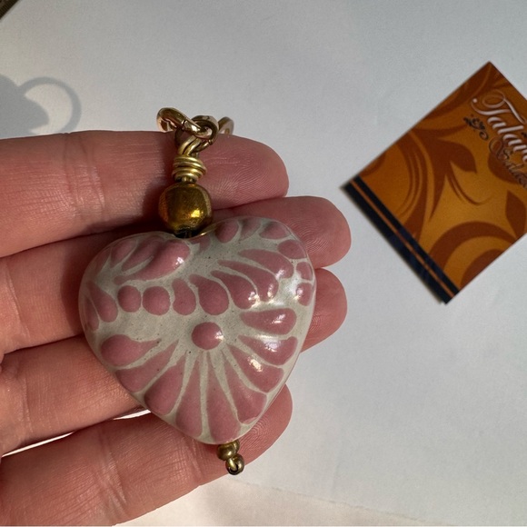 Handcrafted Talavera Heart Keychain Bag Charm Mexico Pink Gold Ceramic Art - Picture 5 of 12